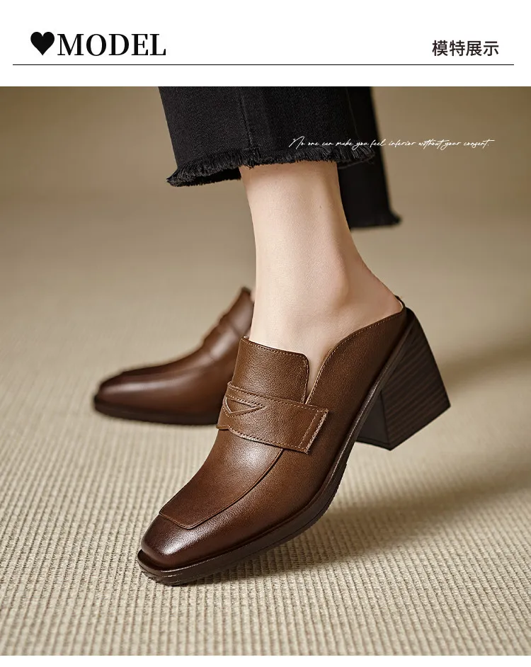Women's slippers, summer fashion, suitable for spring and summer, British style, chunky heel, genuine leather, plus size