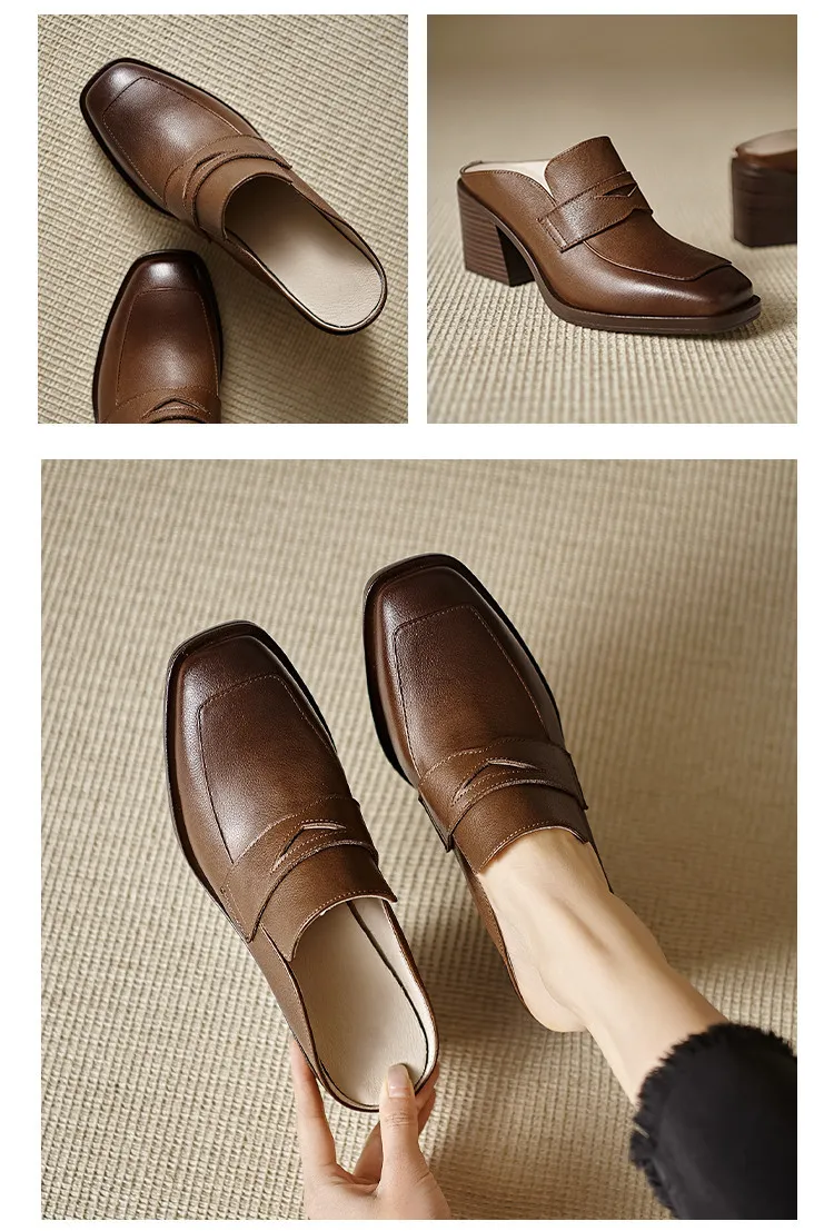 Women's slippers, summer fashion, suitable for spring and summer, British style, chunky heel, genuine leather, plus size