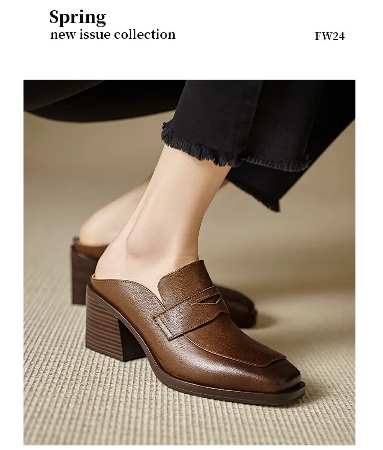 Women's slippers, summer fashion, suitable for spring and summer, British style, chunky heel, genuine leather, plus size