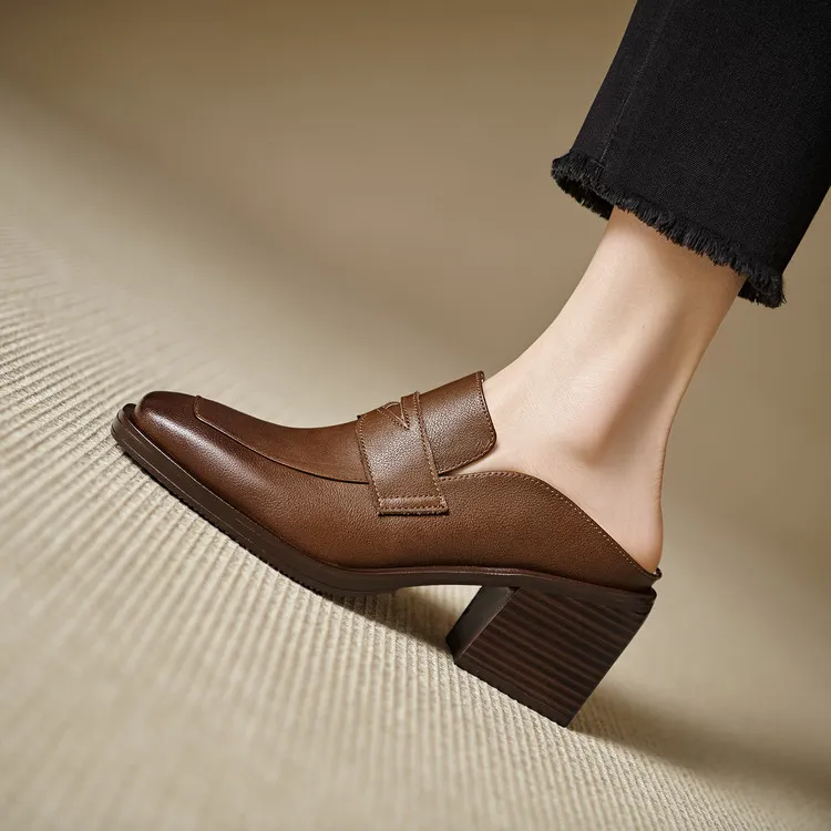 Women's slippers, summer fashion, suitable for spring and summer, British style, chunky heel, genuine leather, plus size