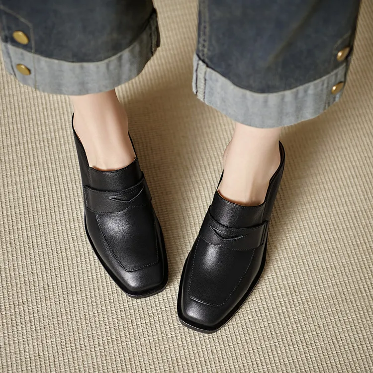 Women's slippers, summer fashion, suitable for spring and summer, British style, chunky heel, genuine leather, plus size