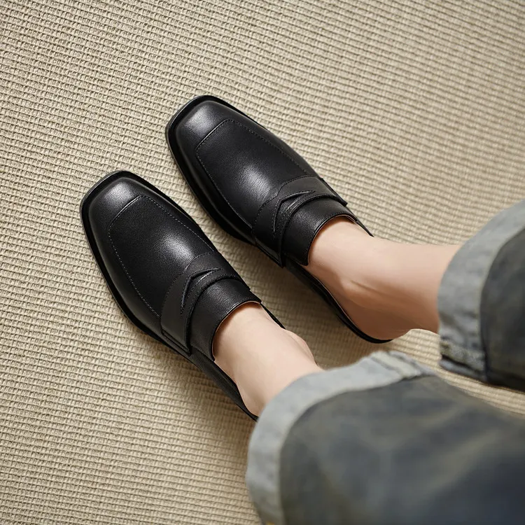 Women's slippers, summer fashion, suitable for spring and summer, British style, chunky heel, genuine leather, plus size
