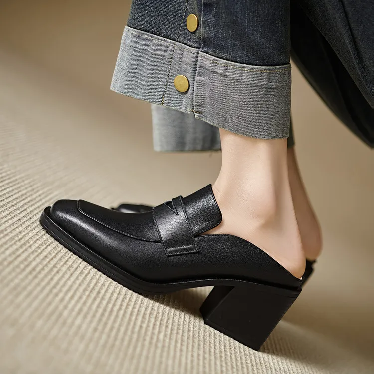 Women's slippers, summer fashion, suitable for spring and summer, British style, chunky heel, genuine leather, plus size