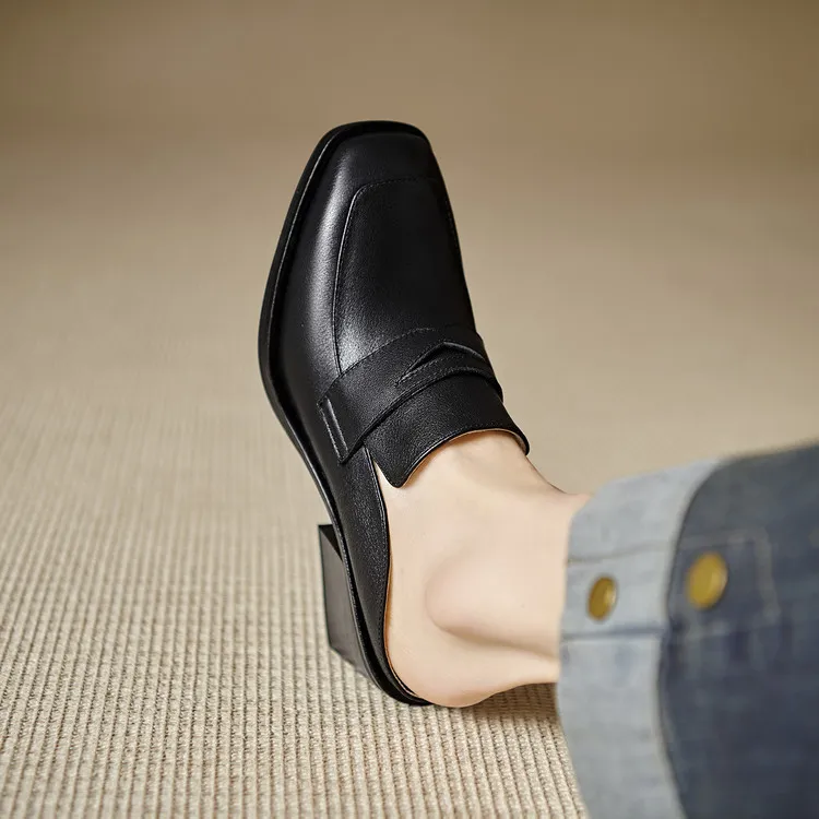 Women's slippers, summer fashion, suitable for spring and summer, British style, chunky heel, genuine leather, plus size