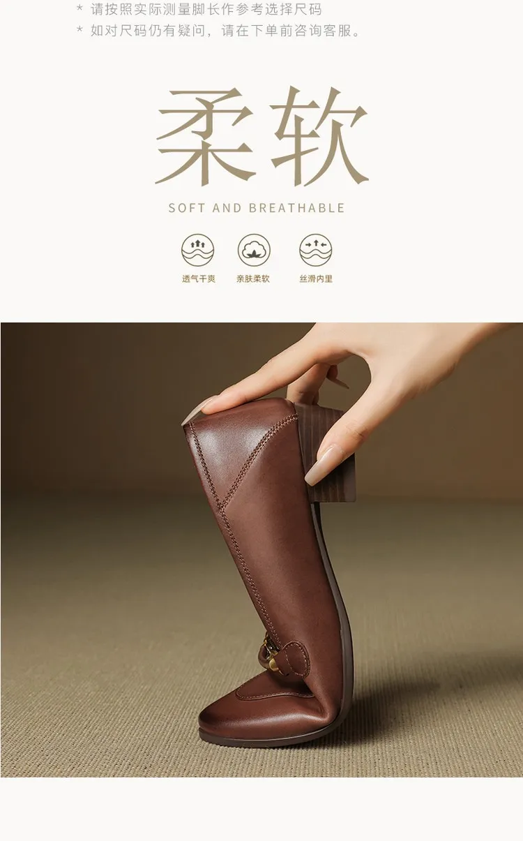 Early spring single shoes, round toe, chunky heel, mid-heel, slip-on, off-white, black, brown.