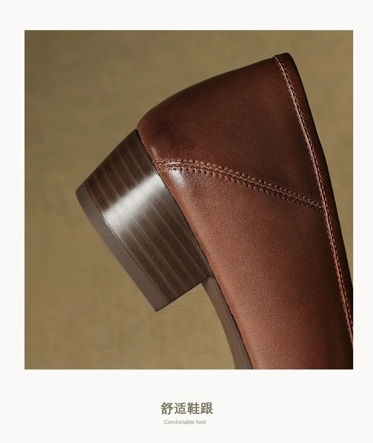 Early spring single shoes, round toe, chunky heel, mid-heel, slip-on, off-white, black, brown.