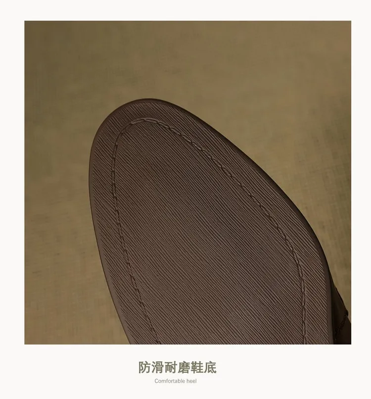 Early spring single shoes, round toe, chunky heel, mid-heel, slip-on, off-white, black, brown.