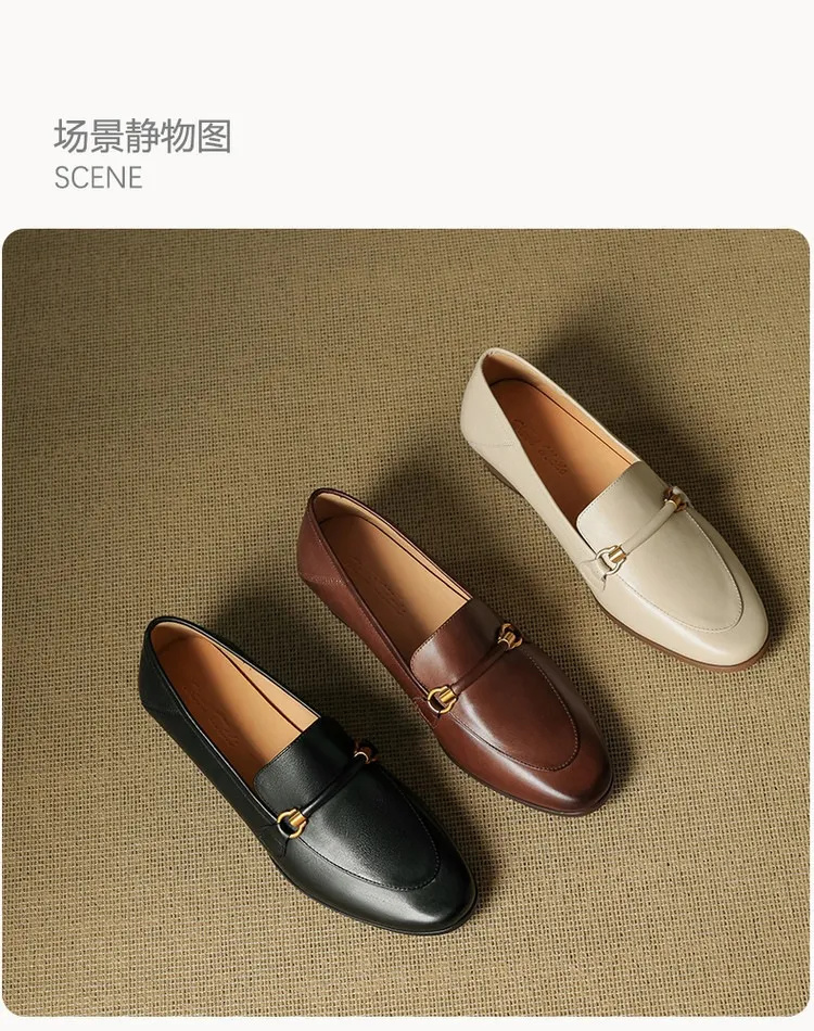 Early spring single shoes, round toe, chunky heel, mid-heel, slip-on, off-white, black, brown.