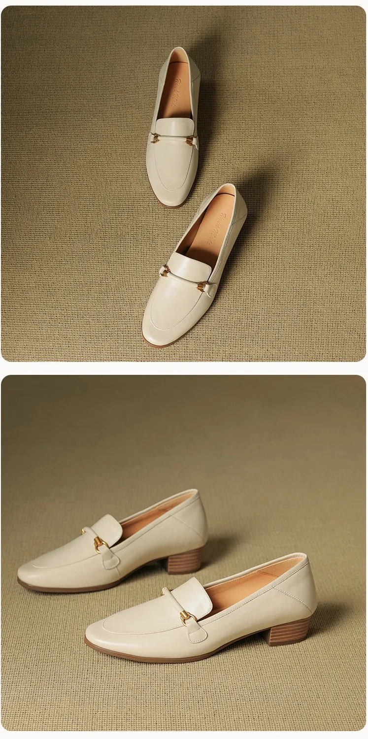 Early spring single shoes, round toe, chunky heel, mid-heel, slip-on, off-white, black, brown.