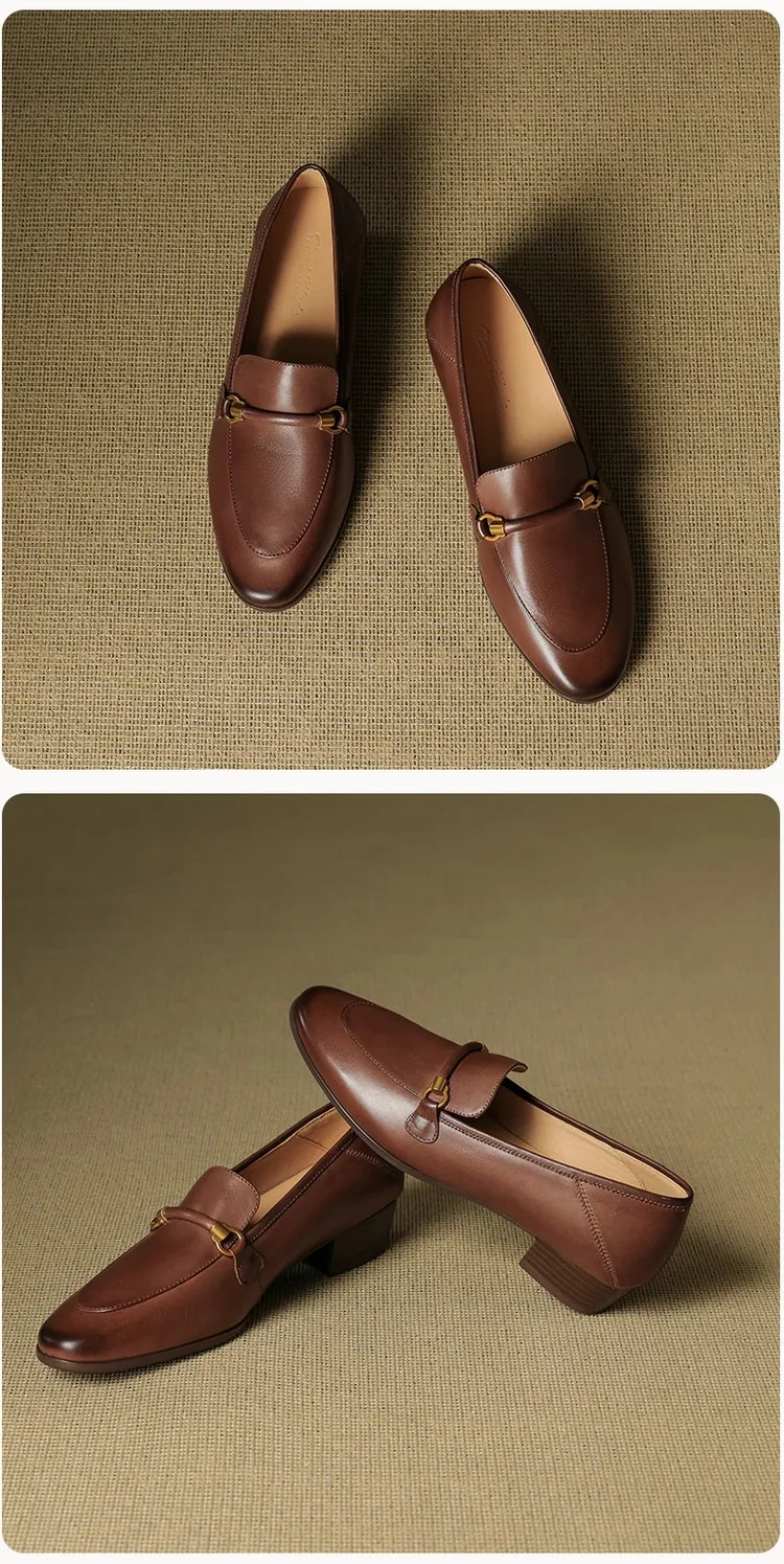 Early spring single shoes, round toe, chunky heel, mid-heel, slip-on, off-white, black, brown.