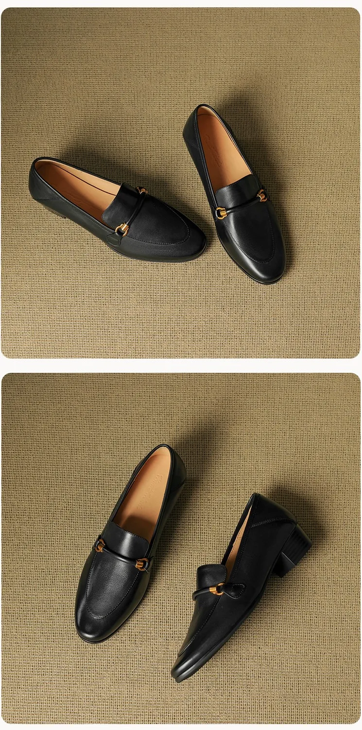 Early spring single shoes, round toe, chunky heel, mid-heel, slip-on, off-white, black, brown.