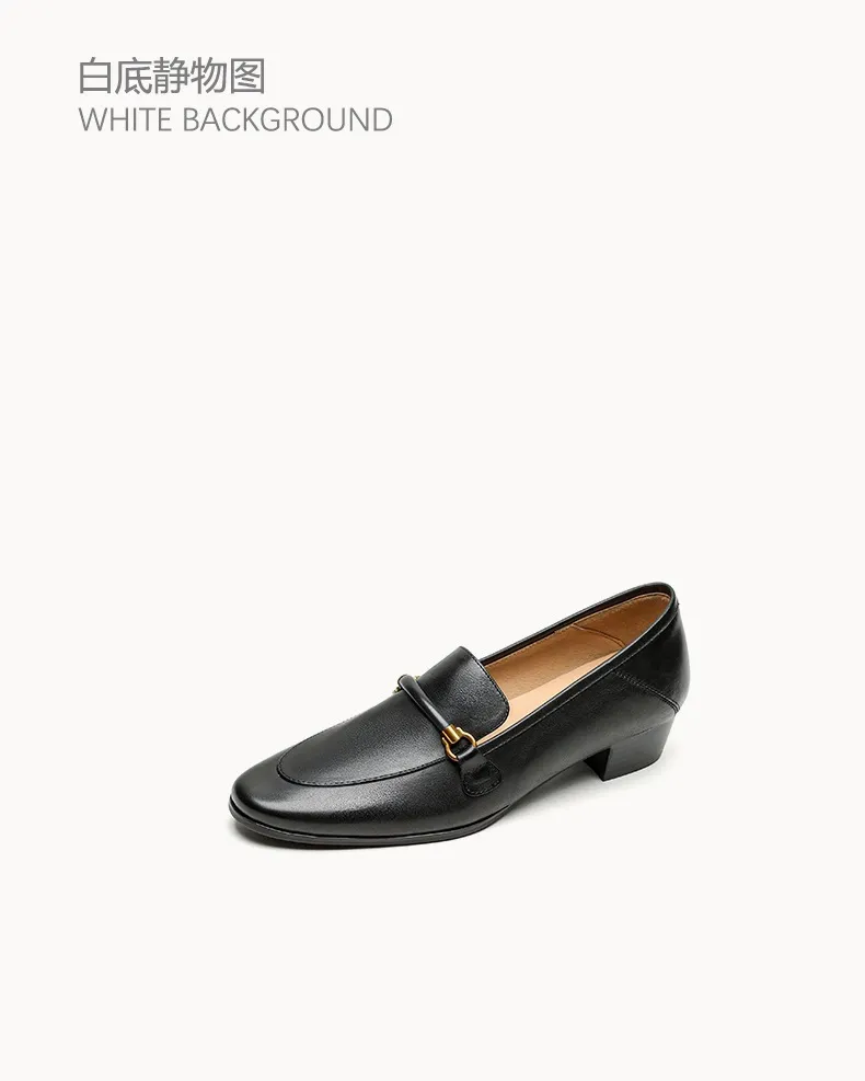 Early spring single shoes, round toe, chunky heel, mid-heel, slip-on, off-white, black, brown.