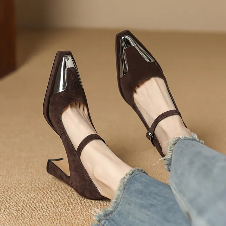 Early spring single shoes with buckle, chunky heel, high heel, and iron toe, comfortable women's shoes, brown and black.