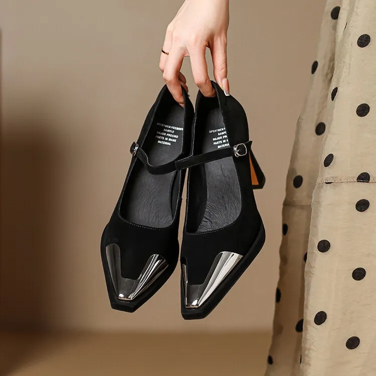 Early spring single shoes with buckle, chunky heel, high heel, and iron toe, comfortable women's shoes, brown and black.