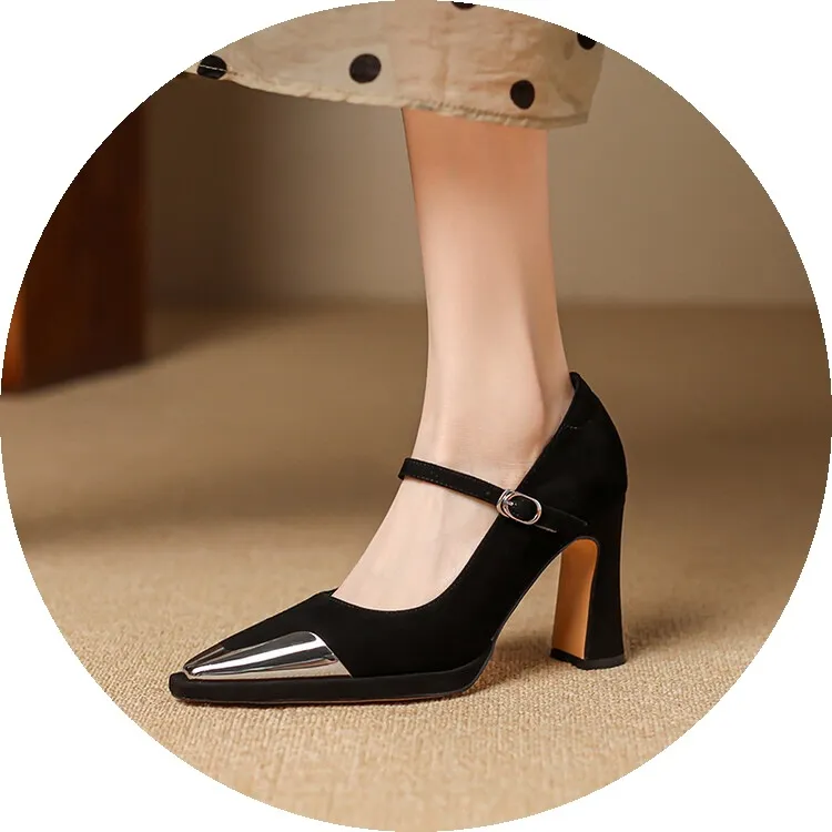 Early spring single shoes with buckle, chunky heel, high heel, and iron toe, comfortable women's shoes, brown and black.