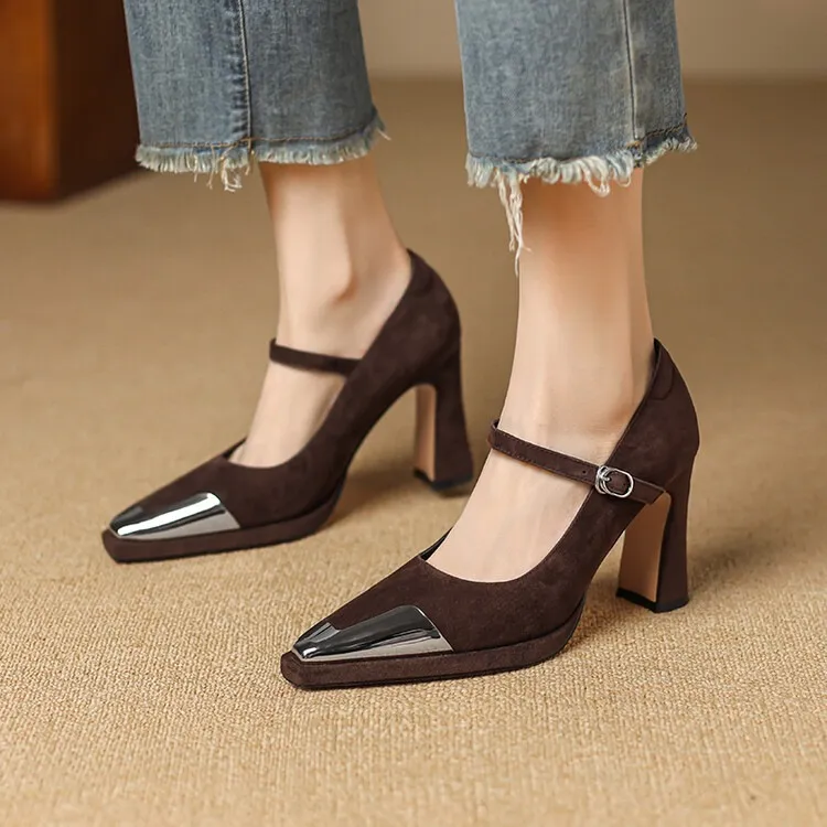 Early spring single shoes with buckle, chunky heel, high heel, and iron toe, comfortable women's shoes, brown and black.