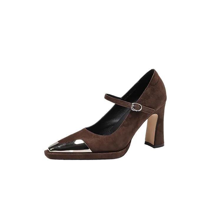 Early spring single shoes with buckle, chunky heel, high heel, and iron toe, comfortable women's shoes, brown and black.