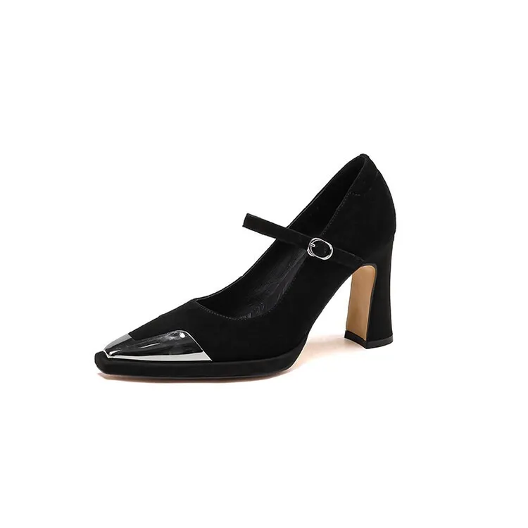 Early spring single shoes with buckle, chunky heel, high heel, and iron toe, comfortable women's shoes, brown and black.