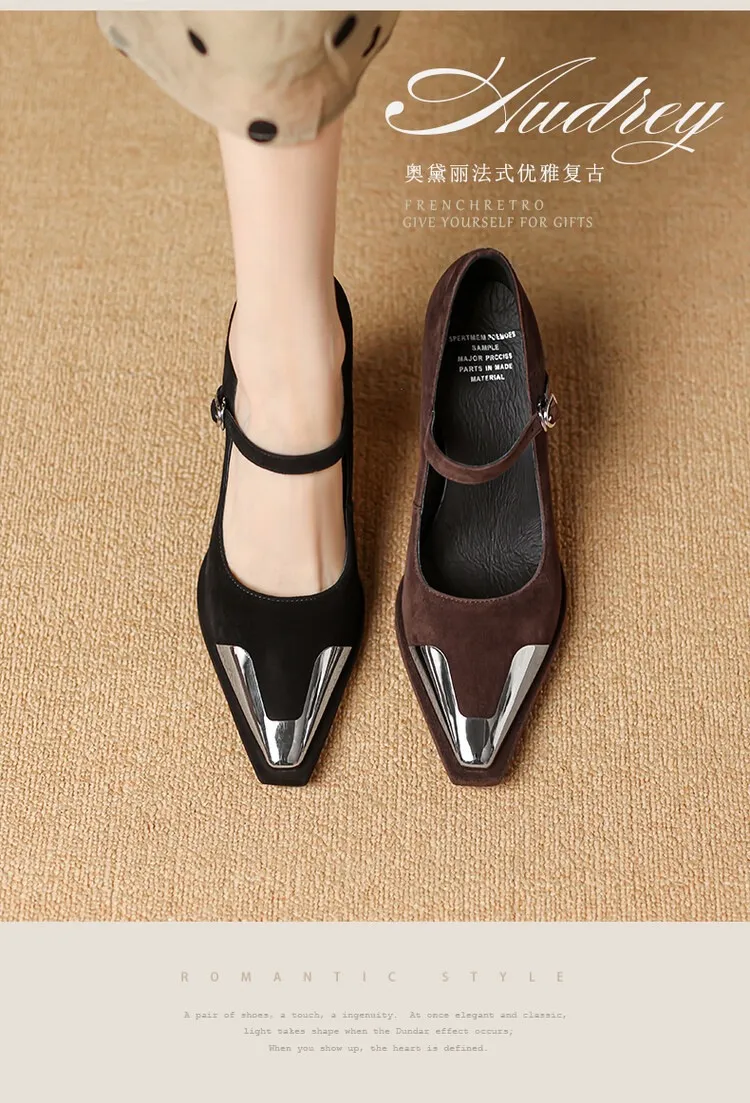 Early spring single shoes with buckle, chunky heel, high heel, and iron toe, comfortable women's shoes, brown and black.