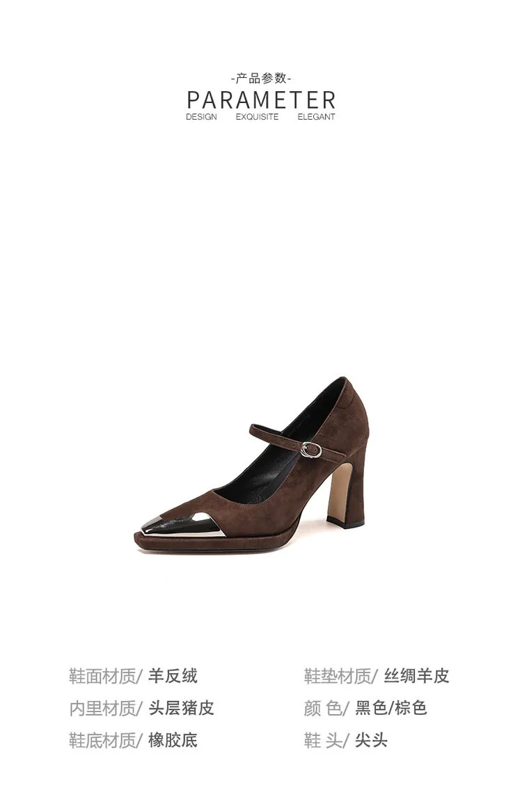 Early spring single shoes with buckle, chunky heel, high heel, and iron toe, comfortable women's shoes, brown and black.