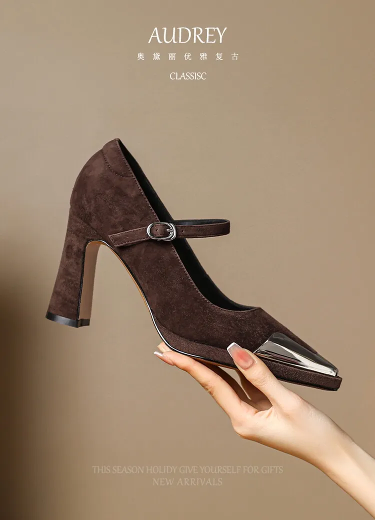 Early spring single shoes with buckle, chunky heel, high heel, and iron toe, comfortable women's shoes, brown and black.