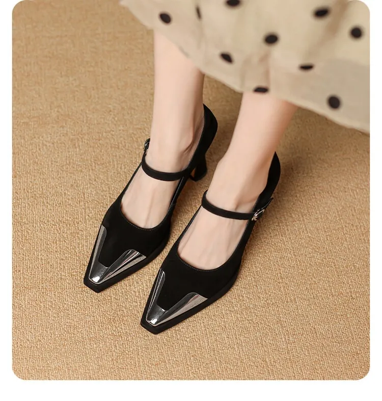 Early spring single shoes with buckle, chunky heel, high heel, and iron toe, comfortable women's shoes, brown and black.