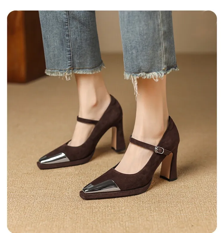 Early spring single shoes with buckle, chunky heel, high heel, and iron toe, comfortable women's shoes, brown and black.