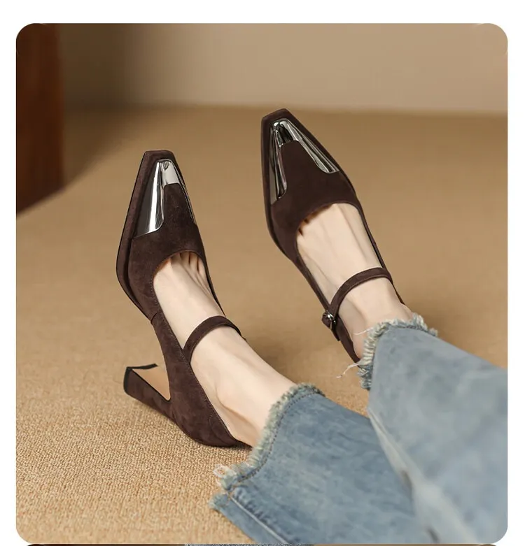 Early spring single shoes with buckle, chunky heel, high heel, and iron toe, comfortable women's shoes, brown and black.