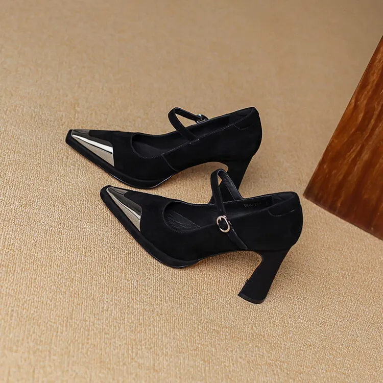 Early spring single shoes with buckle, chunky heel, high heel, and iron toe, comfortable women's shoes, brown and black.