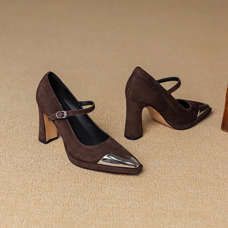 Early spring single shoes with buckle, chunky heel, high heel, and iron toe, comfortable women's shoes, brown and black.