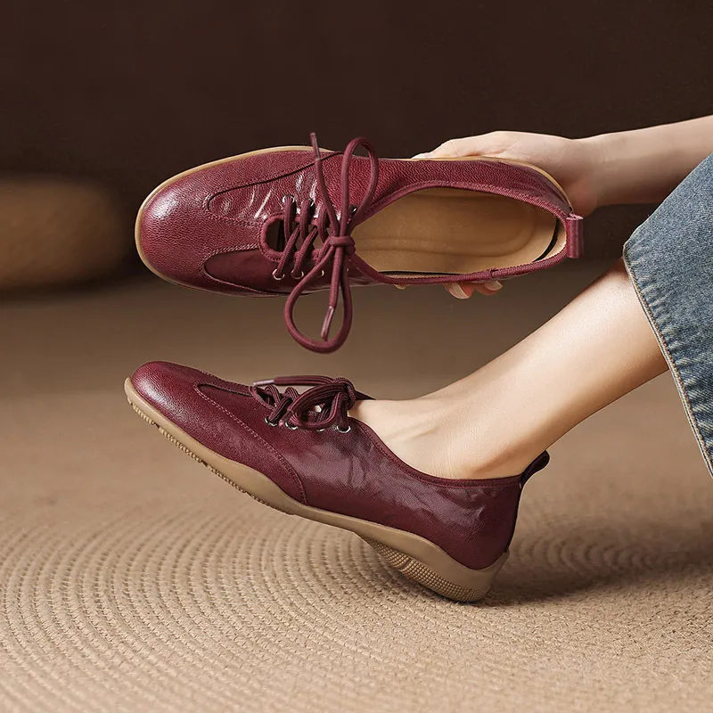 Early spring single shoes, round toe, flat, lace-up, comfortable and soft sheepskin women's shoes, 1-15p