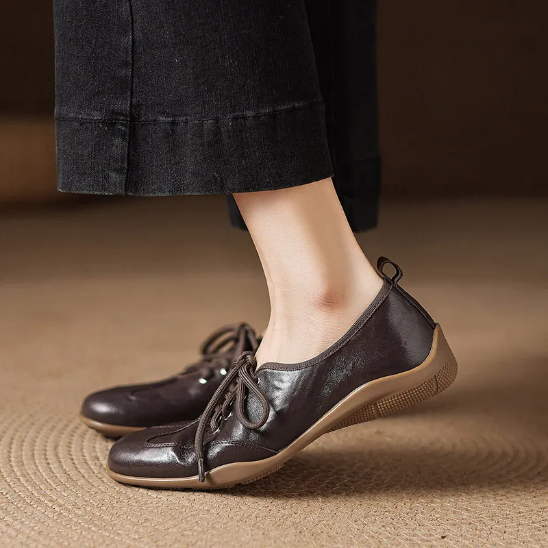 Early spring single shoes, round toe, flat, lace-up, comfortable and soft sheepskin women's shoes, 1-15p