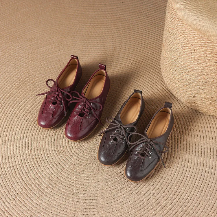 Early spring single shoes, round toe, flat, lace-up, comfortable and soft sheepskin women's shoes, 1-15p