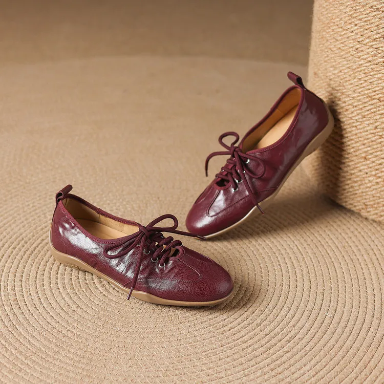 Early spring single shoes, round toe, flat, lace-up, comfortable and soft sheepskin women's shoes, 1-15p