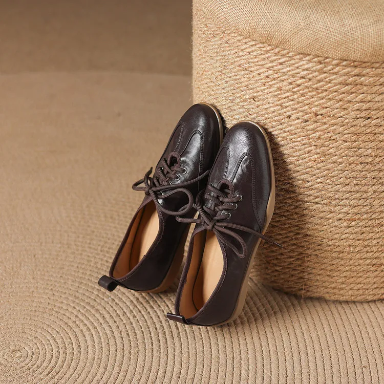 Early spring single shoes, round toe, flat, lace-up, comfortable and soft sheepskin women's shoes, 1-15p