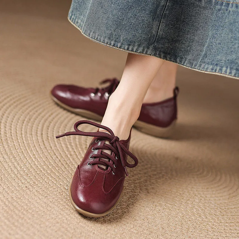 Early spring single shoes, round toe, flat, lace-up, comfortable and soft sheepskin women's shoes, 1-15p