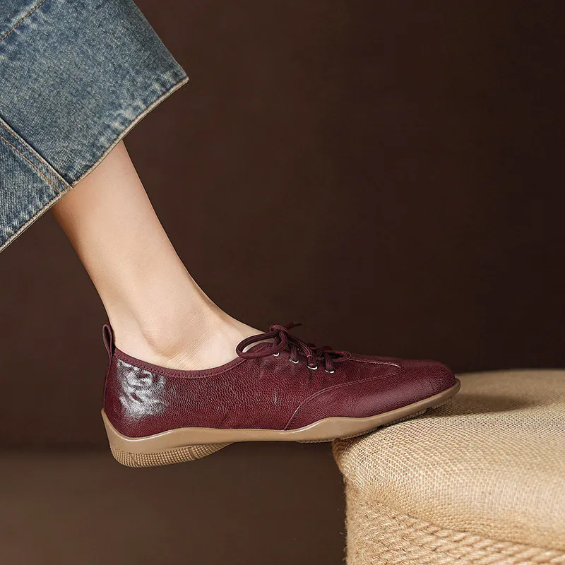 Early spring single shoes, round toe, flat, lace-up, comfortable and soft sheepskin women's shoes, 1-15p
