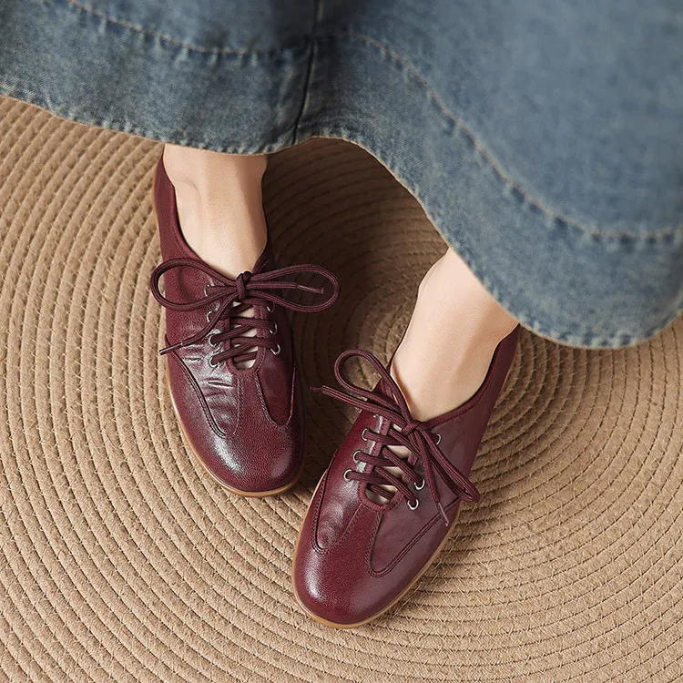 Early spring single shoes, round toe, flat, lace-up, comfortable and soft sheepskin women's shoes, 1-15p