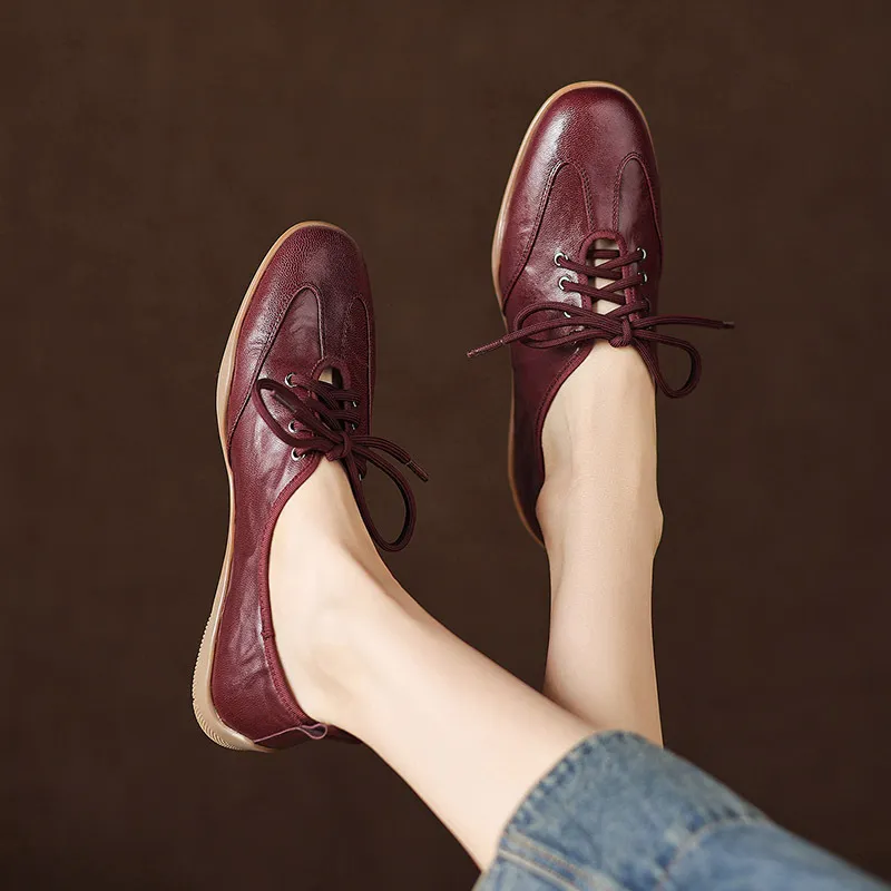 Early spring single shoes, round toe, flat, lace-up, comfortable and soft sheepskin women's shoes, 1-15p