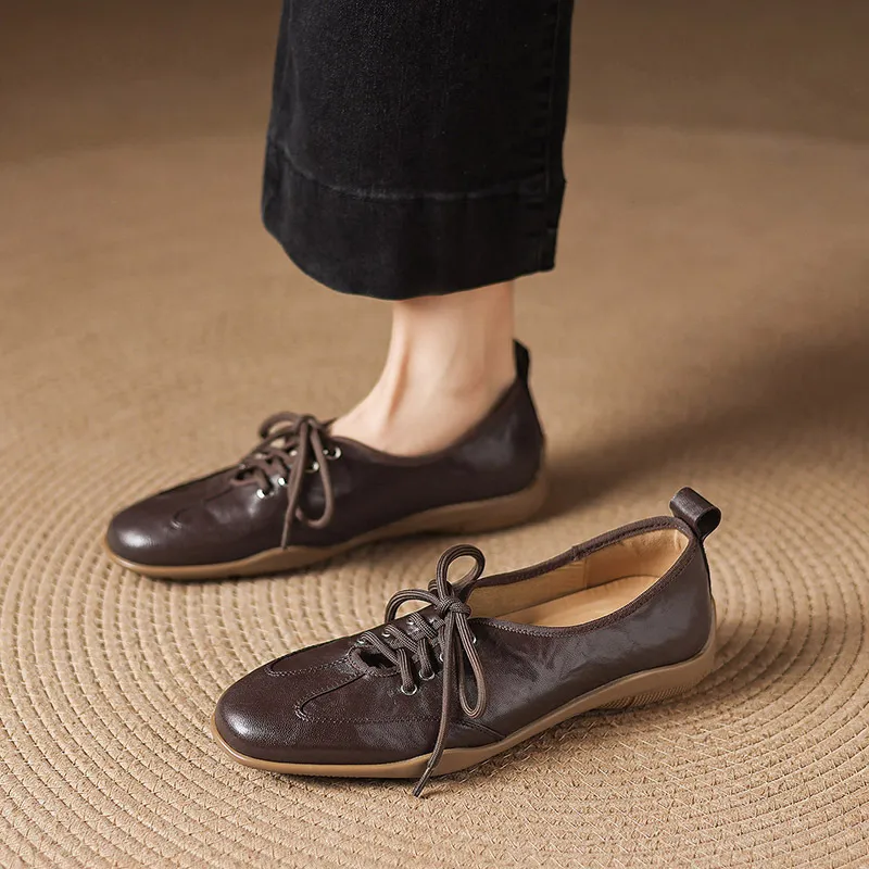 Early spring single shoes, round toe, flat, lace-up, comfortable and soft sheepskin women's shoes, 1-15p