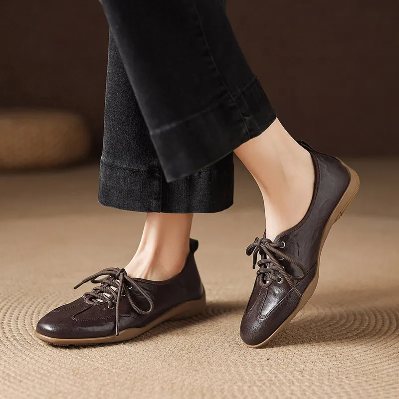 Early spring single shoes, round toe, flat, lace-up, comfortable and soft sheepskin women's shoes, 1-15p