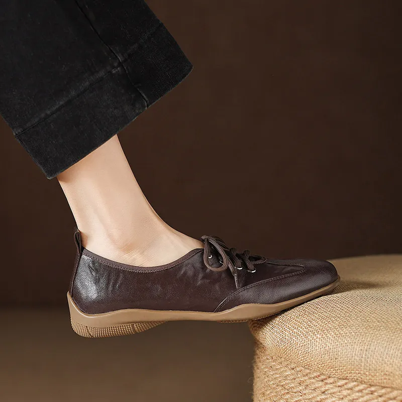 Early spring single shoes, round toe, flat, lace-up, comfortable and soft sheepskin women's shoes, 1-15p