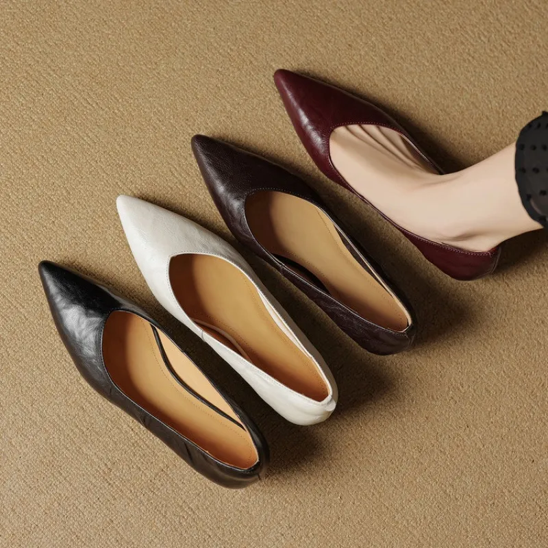 Autumn soft top-grain sheepskin comfortable wedge heel women's shoes low heel pointed toe shallow mouth plus size
