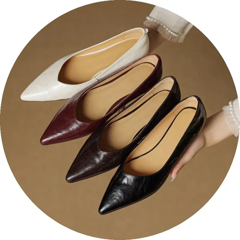Autumn soft top-grain sheepskin comfortable wedge heel women's shoes low heel pointed toe shallow mouth plus size