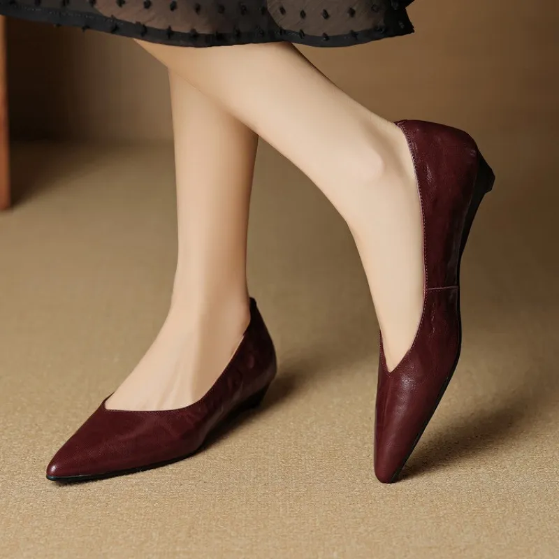 Autumn soft top-grain sheepskin comfortable wedge heel women's shoes low heel pointed toe shallow mouth plus size