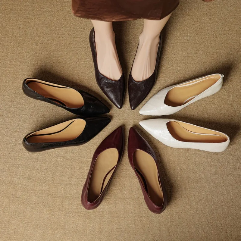 Autumn soft top-grain sheepskin comfortable wedge heel women's shoes low heel pointed toe shallow mouth plus size