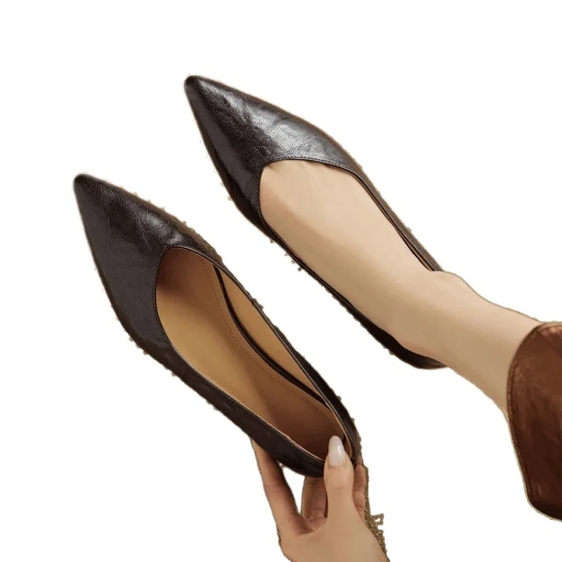 Autumn soft top-grain sheepskin comfortable wedge heel women's shoes low heel pointed toe shallow mouth plus size