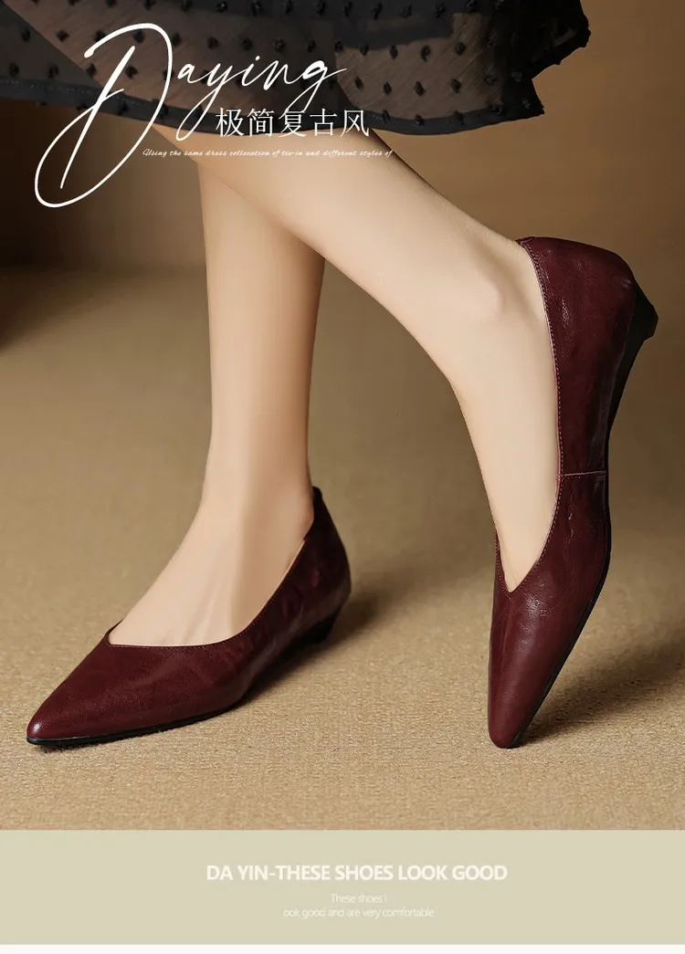 Autumn soft top-grain sheepskin comfortable wedge heel women's shoes low heel pointed toe shallow mouth plus size