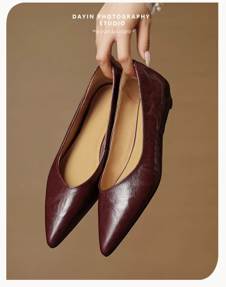 Autumn soft top-grain sheepskin comfortable wedge heel women's shoes low heel pointed toe shallow mouth plus size