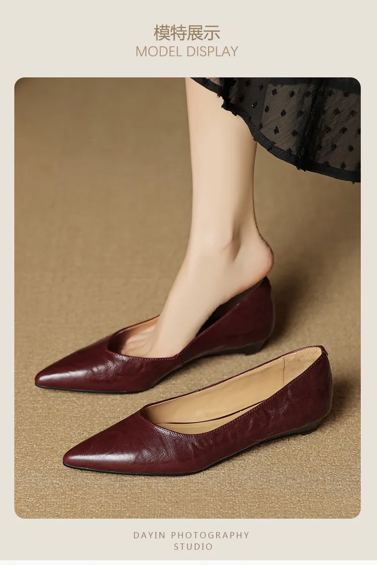 Autumn soft top-grain sheepskin comfortable wedge heel women's shoes low heel pointed toe shallow mouth plus size